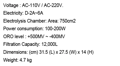 PurePro water ionizer JA-303 Specifications